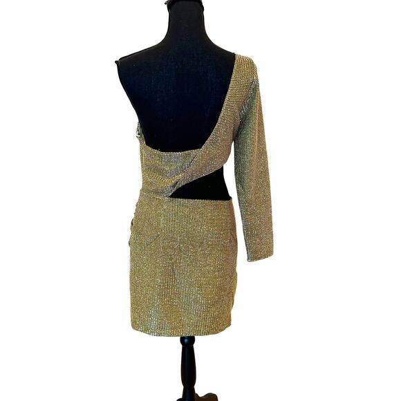 Revolve Superdown Gold One Shoulder Mini Dress LARGE Ruched Cut Out Metallic NEW - Picture 7 of 9